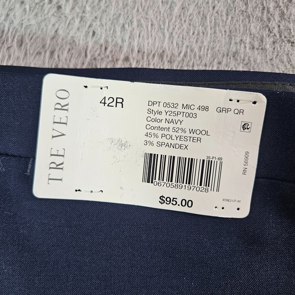 $95 NEW Tre Vero Tuxedo Pants Men 42 R Wool Blend Flat Front Black Trim Navy - Picture 1 of 13